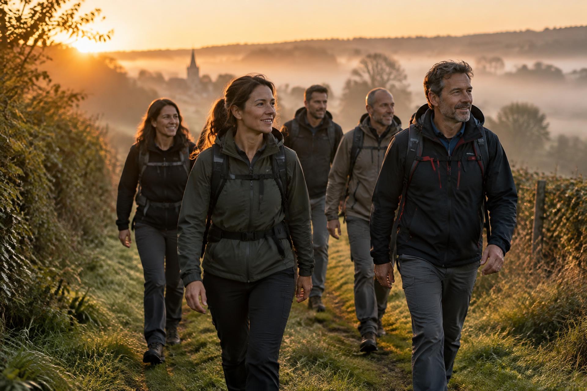 Entrepreneurs en tenue décontractée marchant dans un paysage normand au lever du jour