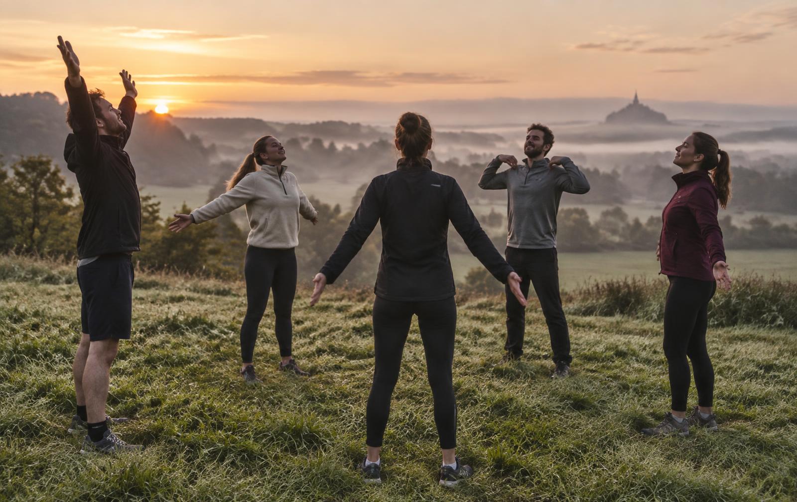 Entrepreneurs en tenue décontractée faisant des exercices de mobilité au lever du jour en Normandie